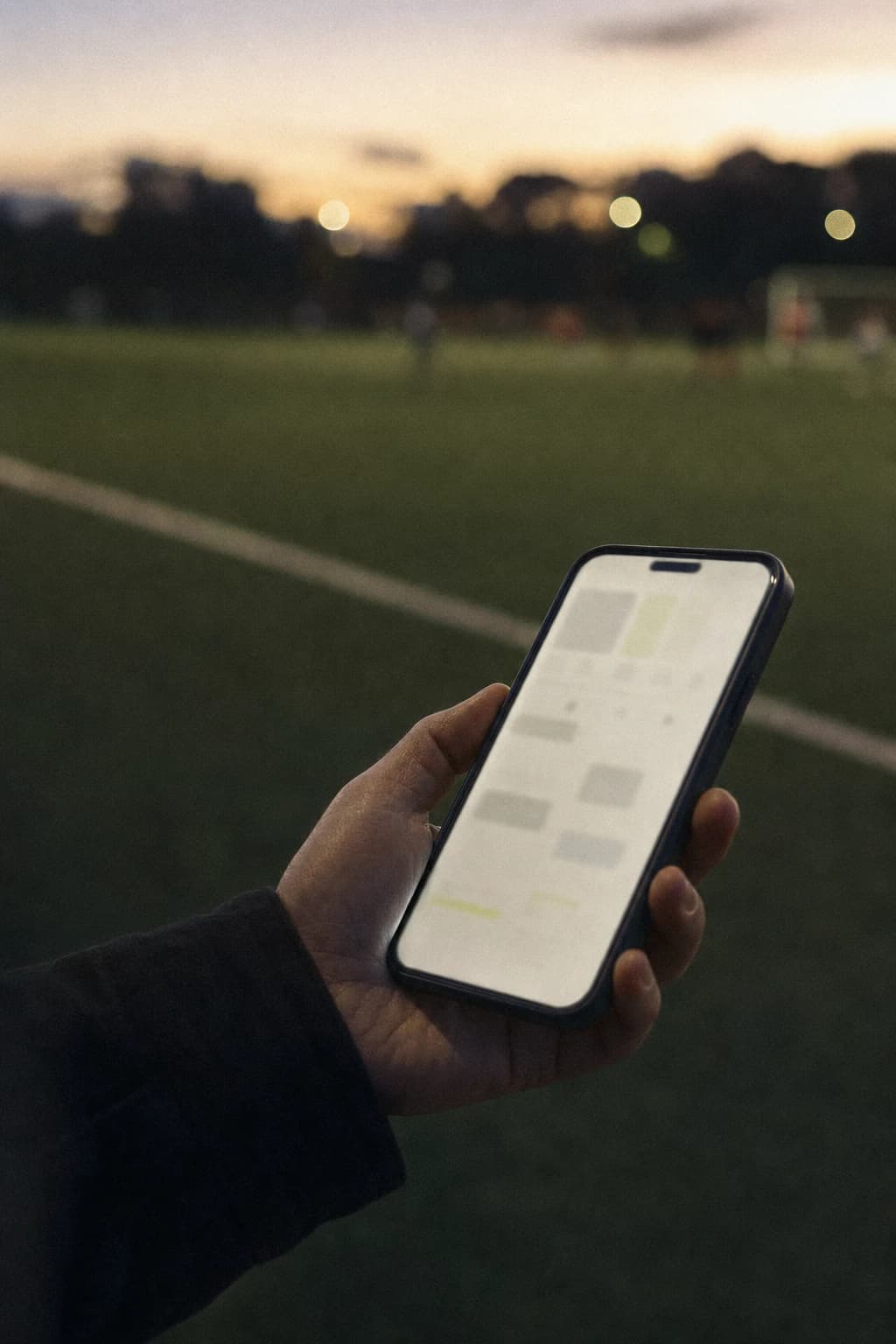 Phone held beside a soccer field at dusk