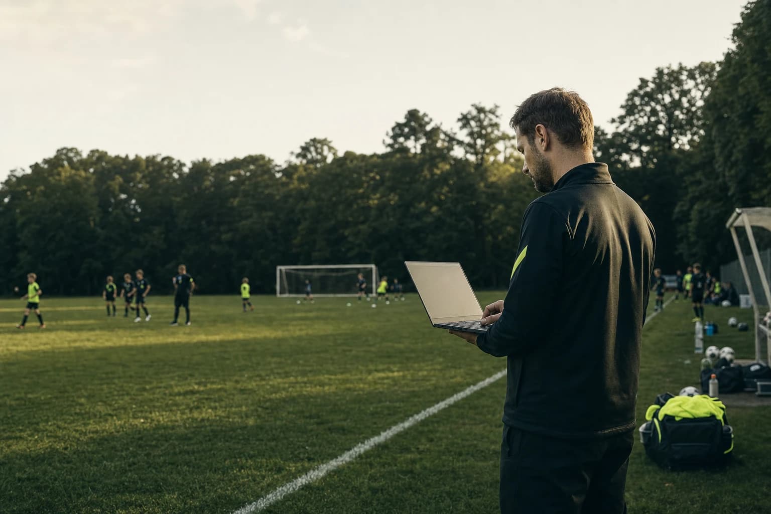 Club operator reviewing a laptop beside a youth soccer field